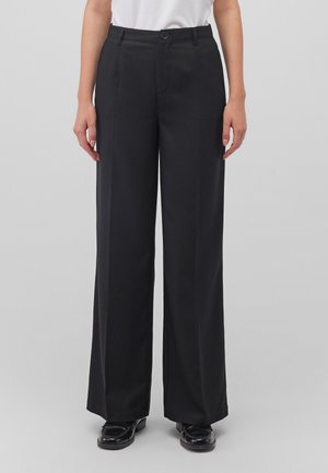 Wide-leg black trousers made of smooth fabric, featuring a fitted waist, single button closure, and front pockets.