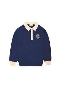 Long-sleeve navy blue polo shirt with beige collar and cuffs, featuring a round emblem with text on the left chest.