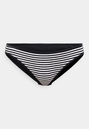 Bikini-bunn med svarte og hvite striper og en glatt tekstur, med horisontale striper foran og ensfargede svarte sider.