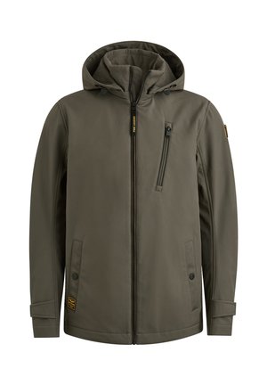 Herren olivgrüne Kapuzenjacke mit Frontreißverschluss, Reißverschlusstasche auf der Brust, seitlichen Taschen mit Knopfverschluss und verstellbaren Handgelenksriemen.