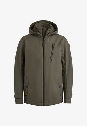 Herren olivgrüne Kapuzenjacke mit Frontreißverschluss, Reißverschlusstasche auf der Brust, seitlichen Taschen mit Knopfverschluss und verstellbaren Handgelenksriemen.