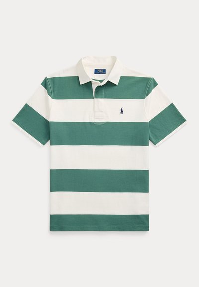 Polo à manches courtes avec de larges rayures horizontales vertes et blanches, col blanc et petit logo brodé sur la poitrine.
