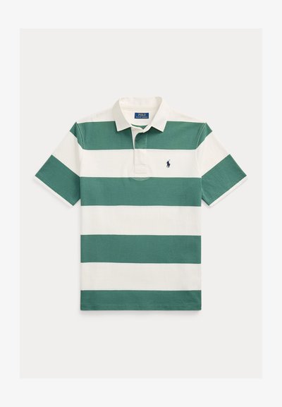 Polo à manches courtes avec de larges rayures horizontales vertes et blanches, col blanc et petit logo brodé sur la poitrine.
