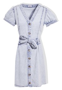 Denim dress with short puff sleeves, V-neckline, and a belted waist. Light blue fabric with visible stitching and wooden buttons down the front.