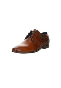 Brown leather dress shoe with a smooth texture, pointed toe, black laces, and a subtle logo accent in green on the side.