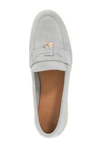Gray suede loafer featuring a decorative gold hardware accent and a rounded toe. Soft interior with a flat, light sole.