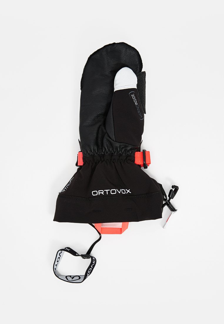 Schwarze Leder- und Stoffhandschuhe mit elastischem Bündchen, orangen Akzenten und einem Riemen. Zeigt das Branding "ORTOVOX" auf der Handfläche.