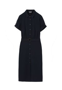 Rochie bleumarin cu guler tip cămașă, mâneci scurte răsucite, talie accentuată cu o curea și o textură netedă. Prezintă o linie de nasturi pe partea din față.