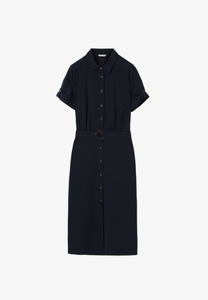 Marine button-up jurk met een shirtkraag, korte opgerolde mouwen, een ceintuur in de taille en een soepele textuur. Heeft een lijn met knopen aan de voorkant.
