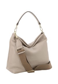 Beige Ledertasche mit lockerem Design, ausgestattet mit einem oberen Griff und einem abnehmbaren braunen Stoff-Schultergurt, verziert mit goldfarbener Hardware.