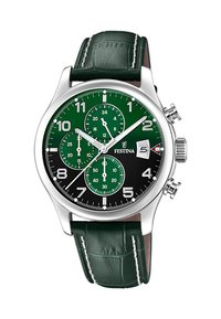 Reloj de acero inoxidable plateado con un dial negro y verde, tres subdiales y una correa de cuero verde oscuro con un acabado texturizado.