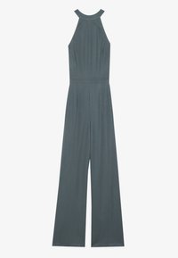 Grå, ermeløs jumpsuit med høy hals, vide ben, glatt tekstur og sidelommer for ekstra detaljer.