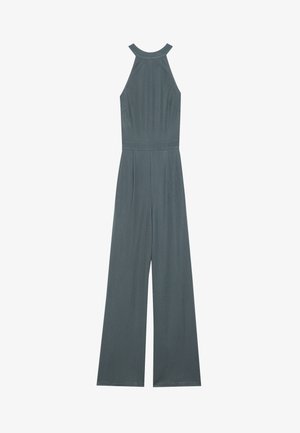 Szürke, ujjatlan overál magas nyakkivágással, széles lábbal, sima textúrával és oldalra ráncolt részletekkel.