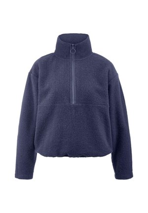 Pullover in pile di colore blu navy scuro. Collo alto con mezza zip, maniche raglan e orlo elastico. Texture morbida senza schemi o accessori visibili.