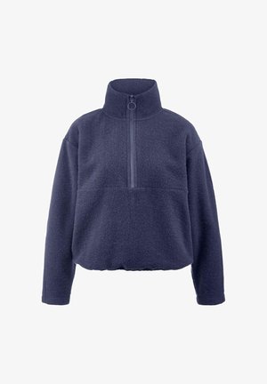Fleece pullover in donker marineblauw. Hoge kraag met halve rits, raglanmouwen en elastische onderrand. Zachte textuur zonder zichtbare patronen of hardware.