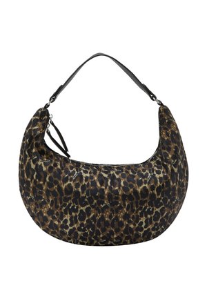 Leopardmønster stof skuldertaske med en rund form, sort rem og lynlås lukning. Har en blank overflade og en dæmpet farvepalette.