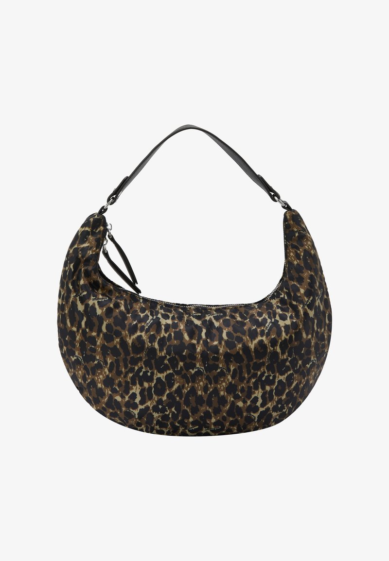 Leopardmønster stof skuldertaske med en rund form, sort rem og lynlås lukning. Har en blank overflade og en dæmpet farvepalette.