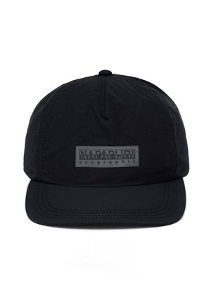 Gorra negra de seis paneles con una visera curva y un parche con el logo "Napapijri geographic" en el centro delantero.