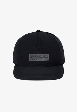 Black six-panel cap with a curved brim and "Napapijri geographic" logo patch on the front center.