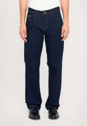 Dark blue denim jeans with a straight-leg design, contrasting orange stitching, a classic five-pocket style, and a button closure at the waist.