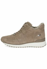 Stivaletto in suede beige con rivestimento interno morbido, punta rotonda, design con lacci e suola in gomma bianca con battistrada testurizzato.
