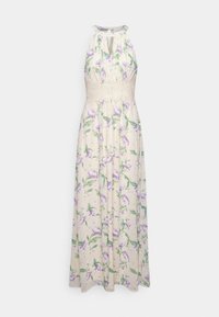 Robe longue sans manches avec fond crème, imprimé floral violet, col licou, ouverture en forme de goutte à l'avant et large ceinture crochetée.