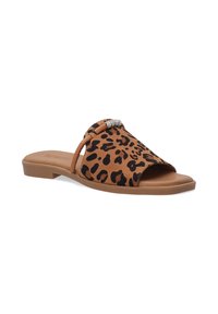 Slidesandaler med leopardprint og en tan farve, der har en åben tå-design, flad sål og en pyntet rem med rhinsten.