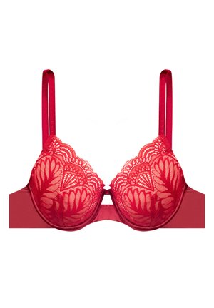Czerwony koronkowy biustonosz z przezroczystym kwiatowym wzorem, usztywnianymi miseczkami, regulowanymi ramiączkami oraz gładkim satynowym pasem. Zapięcie z tyłu.