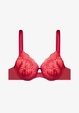 Czerwony koronkowy biustonosz z przezroczystym kwiatowym wzorem, usztywnianymi miseczkami, regulowanymi ramiączkami oraz gładkim satynowym pasem. Zapięcie z tyłu.
