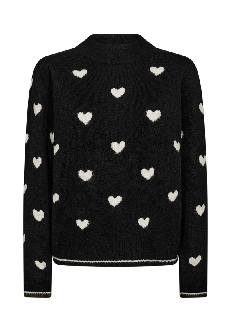 Svart tröja med hög halsringning, prydd med ett strukturerat mönster av vita hjärtan. Ribbade ärmslut och nederkant med vita accenter.