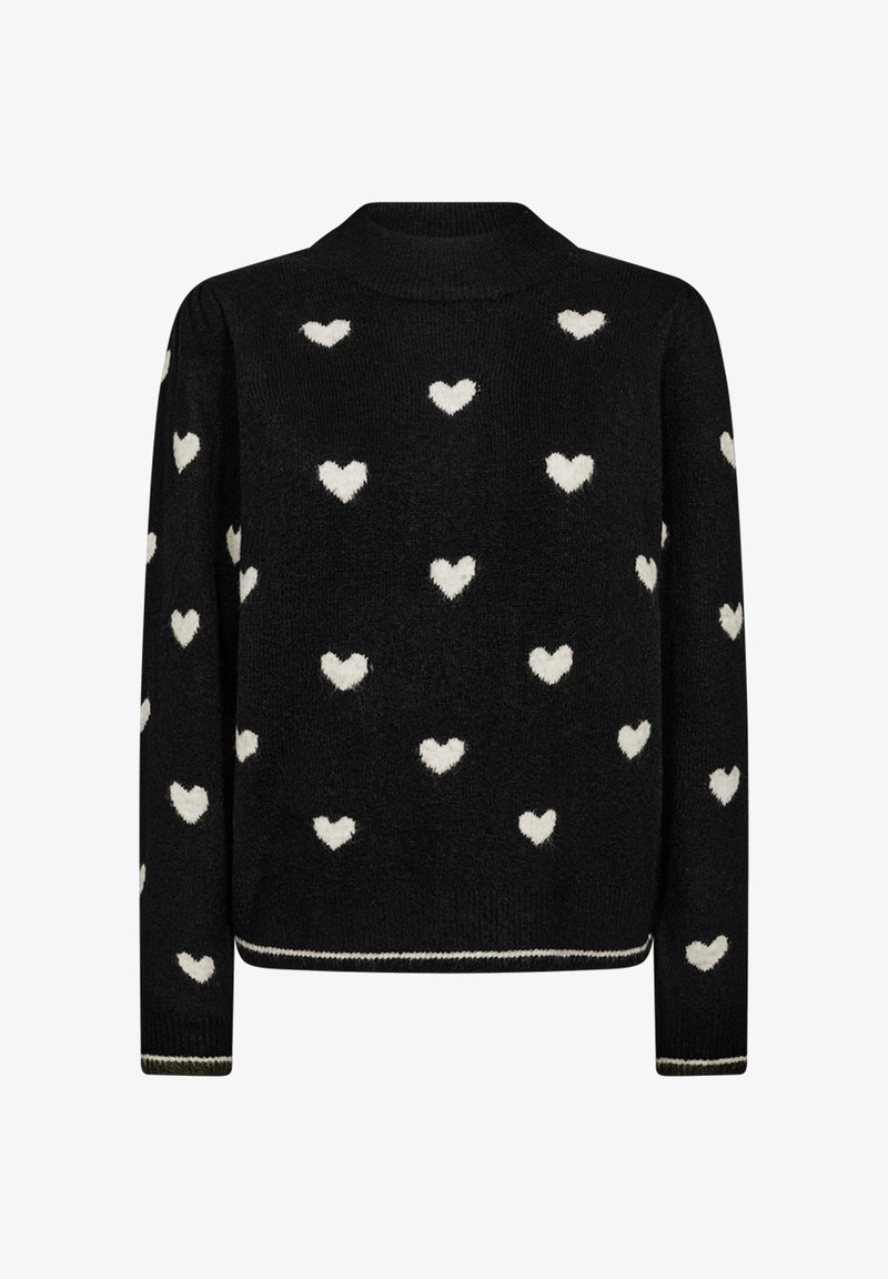 Svart tröja med hög halsringning, prydd med ett strukturerat mönster av vita hjärtan. Ribbade ärmslut och nederkant med vita accenter.