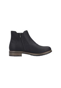 Bottines noires en matériau texturé, avec une fermeture éclair sur le côté, un design incurvé et un petit talon en bois.