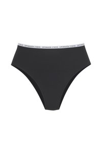 High-waisted black bikini brief made of smooth fabric, featuring a white branded elastic waistband with 'Copenhagen Studios' text.