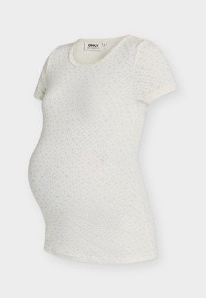 Λευκό κοντομάνικο τοπ εγκυμοσύνης με μικρό μπλε λουλουδάτο σχέδιο και στρογγυλή λαιμόκοψη, με ετικέτα μέγεθος μικρό.