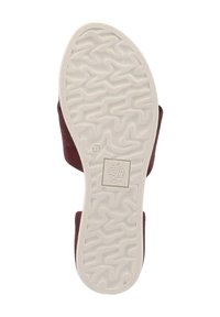 Sandaal met een bordeaux bovenwerk en een gestructureerde witte rubberen zool met golfpatroon en logo-detail, maat 37.