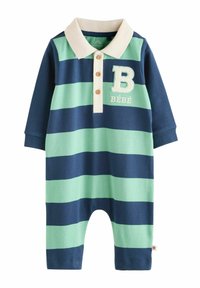 Salopetă cu dungi în nuanțe de albastru marin și verde mentă, având un guler crem, trei butoane și un detaliu brodat "BÉBÉ". Textură moale din bumbac.