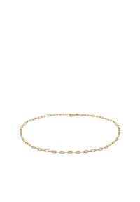 Guld metal kædehalseting med langstrakte, rektangulære led. Glat tekstur med en simpel lås, designet til et minimalistisk æstetik.