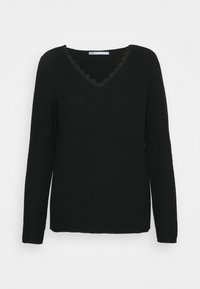 Schwarzer Strickpullover mit V-Ausschnitt und Spitzenbesatz. Lange Ärmel und gerippte Textur. Lässiges Design.
