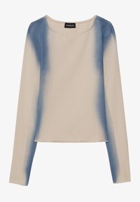 Maglia a maniche lunghe color beige con gradiente blu. Tessuto morbido, scollatura tonda e taglio dritto. Design semplice senza decorazioni visibili.