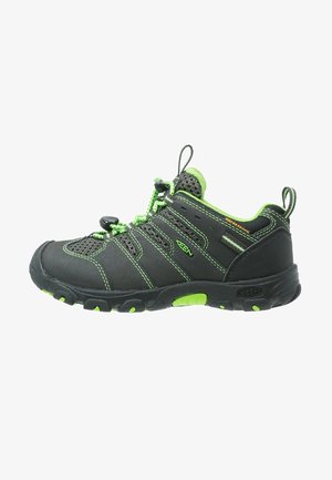 Black and green waterproof shoes featuring mesh accents, grey rubber soles, and elastic laces with a toggle adjuster. Durable design for active use.