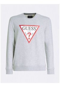 Grå sweatshirt lavet af en bomuldsblanding, med et rødt trekantet logo med et spørgsmålstegn og teksten "GUESS U.S.A." i midten.