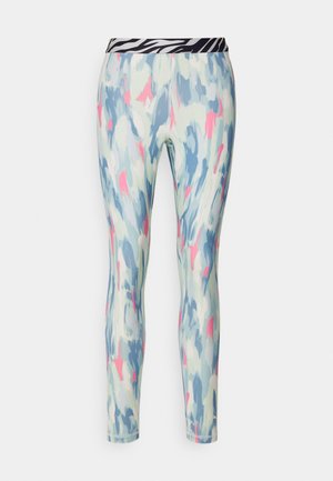 Leggings featuring a multicolored abstract pattern in light blue, pink, and cream with a black and white zebra-striped waistband.