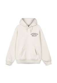 Sudadera blanca con capucha ajustable, bolsillo frontal tipo canguro, puños acanalados y un estampado gráfico que dice "Mud City Infamous Grmy" en el pecho.