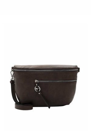 Dark brown leather waist bag with two silver zippers and an adjustable strap on a white background.