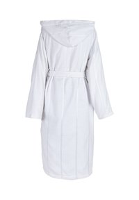 White terrycloth bathrobe with a hood, side pockets, and a tied waist, featuring vertical stitch patterns and long sleeves.