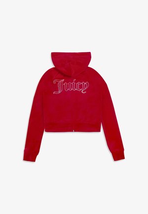 Felpa corta rossa in velluto, con un grande logo in strass "Juicy" sulla schiena e un cappuccio con cordoncino. Texture liscia.