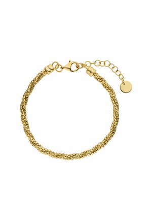 Armbanduhr in goldfarben mit gedrehtem Design, Verschluss mit Karabiner, verstellbarer Kette und einem kleinen runden Anhänger.