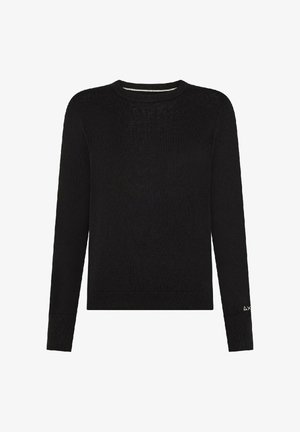 Maglione nero lavorato a maglia con maniche lunghe, scollo rotondo, texture a coste e un sottile dettaglio logo sulla manica sinistra.