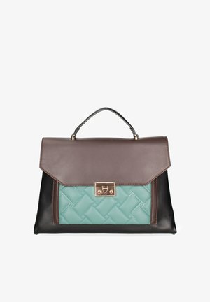 Borsa rettangolare con patta marrone, lati neri, manico superiore e tasca frontale trapuntata turchese con chiusura a morsetto in tono oro.