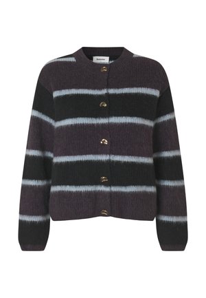 Knit cardigan featuring alternating dark purple, black, and light blue stripes. Five gold-toned buttons and a round neckline. Soft texture.